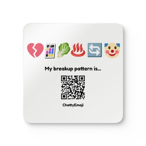 K&ouml;nnte beinhalten: Ein quadratischer wei&szlig;er Untersetzer mit einer Reihe von sechs Emojis: ein gebrochenes Herz, ein Taschenrechner, ein Salatkopf, hei&szlig;e Quellen, Aktualisierungspfeile und ein Clown. Darunter steht der Text My breakup pattern is, ein QR-Code und ChattyEmoji.