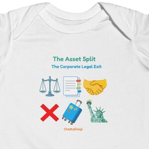 Peut inclure: Un body pour b&eacute;b&eacute; blanc &agrave; manches courtes avec le texte "The Asset Split" et "The Corporate Legal Exit" en vert et bleu. Sous le texte se trouvent des ic&ocirc;nes repr&eacute;sentant une balance, un document, une poign&eacute;e de main, un X rouge, une valise bleue.