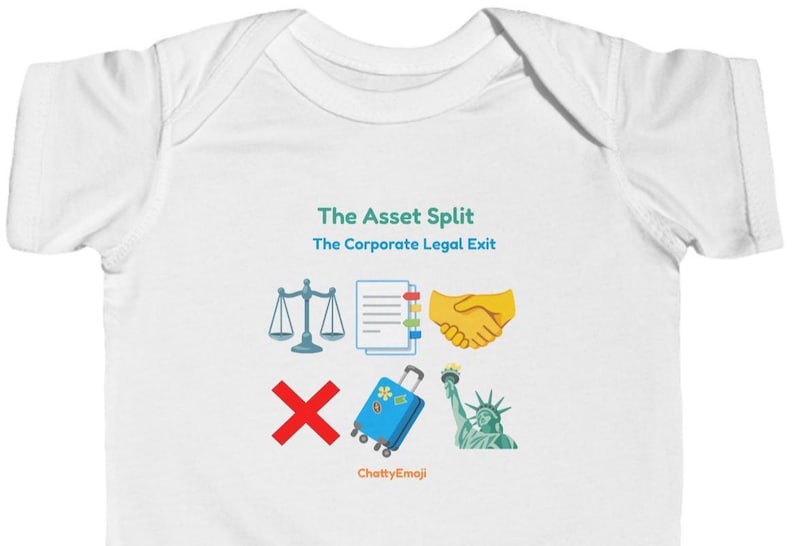 Peut inclure: Un body pour b&eacute;b&eacute; blanc &agrave; manches courtes avec le texte "The Asset Split" et "The Corporate Legal Exit" en vert et bleu. Sous le texte se trouvent des ic&ocirc;nes repr&eacute;sentant une balance, un document, une poign&eacute;e de main, un X rouge, une valise bleue.