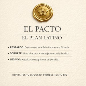May include: A cream-colored document featuring a gold wax seal with a leaf design at the top. The text reads EL PACTO, EL PLAN LATINO, followed by bullet points for RESPALDO, SOPORTE, and LEGADO, ending with the phrase HONRAMOS TU ESFUERZO. PROTEGEMOS TU PAZ.