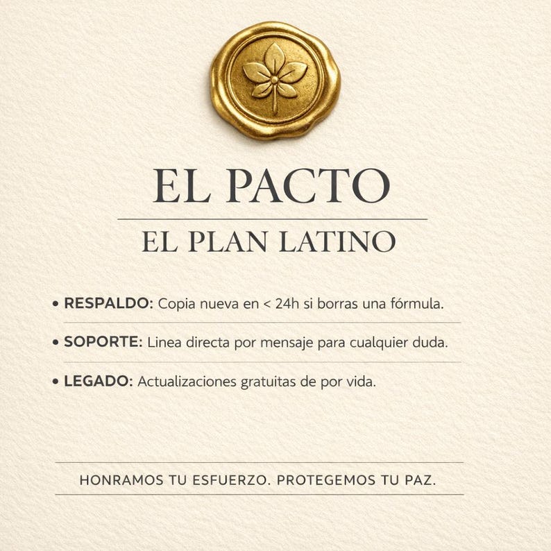 May include: A cream-colored document featuring a gold wax seal with a leaf design at the top. The text reads EL PACTO, EL PLAN LATINO, followed by bullet points for RESPALDO, SOPORTE, and LEGADO, ending with the phrase HONRAMOS TU ESFUERZO. PROTEGEMOS TU PAZ.