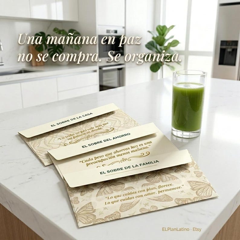 May include: Three cream-colored paper envelopes with a light brown butterfly pattern, each labeled with Spanish text: EL SOBRE DE LA CASA, EL SOBRE DEL AHORRO, and EL SOBRE DE LA FAMILIA, alongside a glass of green juice on a white marble countertop.