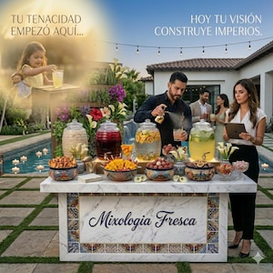 May include: An outdoor bar with a marble countertop and colorful tile accents. The bar features large glass beverage dispensers, bowls of fruit, and the text "Mixologia Fresca." People are gathered around, with a pool and candles in the background.