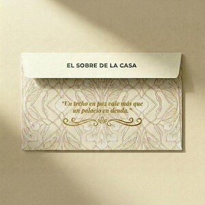 May include: A rectangular cream-colored envelope featuring a delicate gold-toned floral line art pattern. The flap displays the text EL SOBRE DE LA CASA, while the center features the quote Un techo en paz vale m&aacute;s que un palacio en deuda.