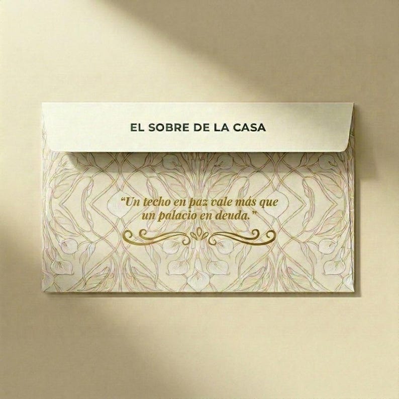 May include: A rectangular cream-colored envelope featuring a delicate gold-toned floral line art pattern. The flap displays the text EL SOBRE DE LA CASA, while the center features the quote Un techo en paz vale m&aacute;s que un palacio en deuda.