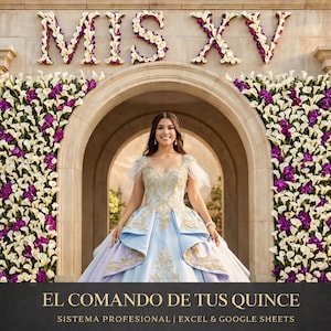 May include: A young woman in a light blue and gold quinceañera gown stands under an archway decorated with white and purple flowers. The words "MS XV" are displayed above the arch, and text at the bottom reads "EL COMANDO DE TUS QUINCE".