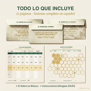 May include: A financial planning system featuring three cream-colored envelopes labeled El Sobre de la Casa, El Sobre de la Familia, and El Sobre del Ahorro, alongside a budget tracking sheet and a hexagonal savings challenge chart with bee icons.