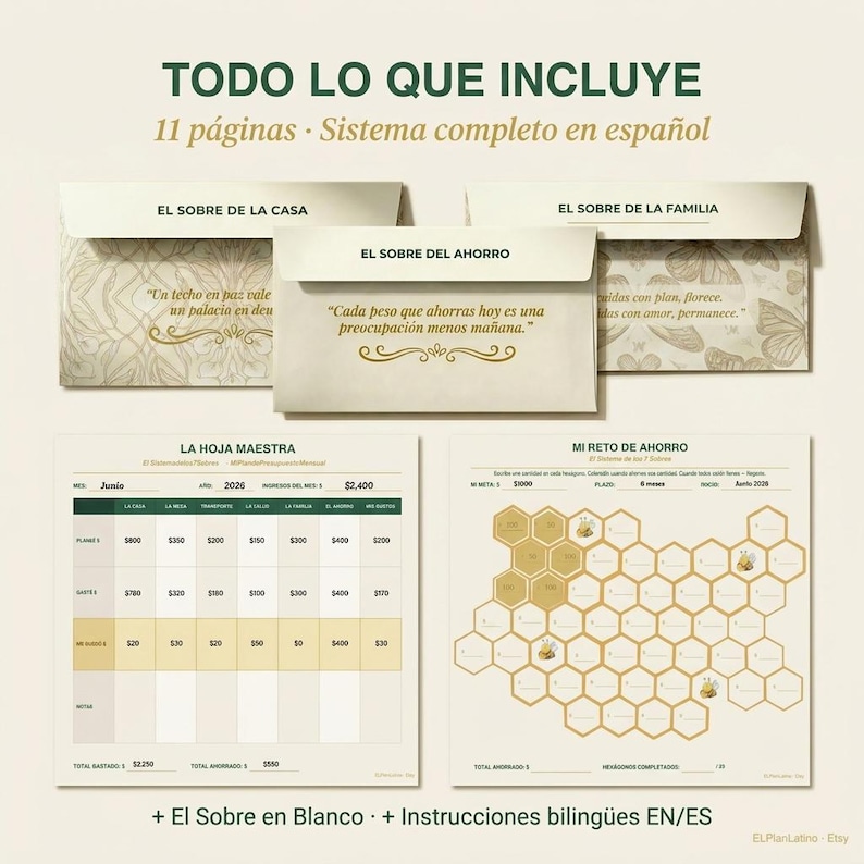 May include: A financial planning system featuring three cream-colored envelopes labeled El Sobre de la Casa, El Sobre de la Familia, and El Sobre del Ahorro, alongside a budget tracking sheet and a hexagonal savings challenge chart with bee icons.
