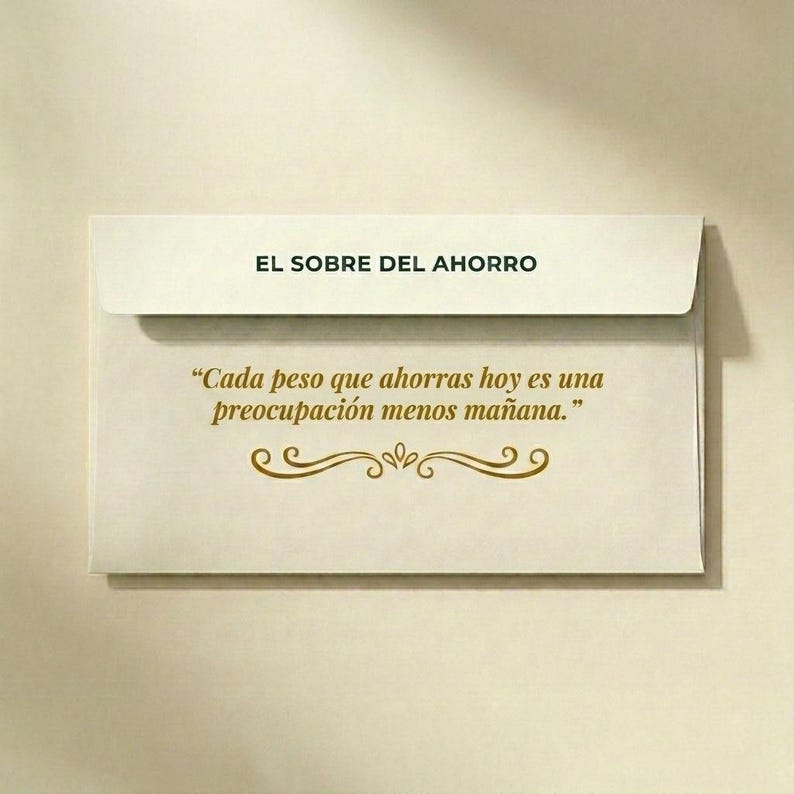 May include: A cream-colored envelope featuring the black text EL SOBRE DEL AHORRO on the flap. Below, the gold text reads: "Cada peso que ahorras hoy es una preocupaci&oacute;n menos ma&ntilde;ana." A gold decorative flourish sits beneath the quote.