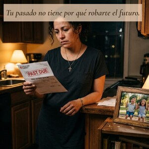 May include: A person wearing a dark gray t-shirt with a pocket and a cross necklace, holding a white paper document with the red text PAST DUE and the UtilityCorp Energy logo, with a framed photo of two children on a wooden surface nearby.