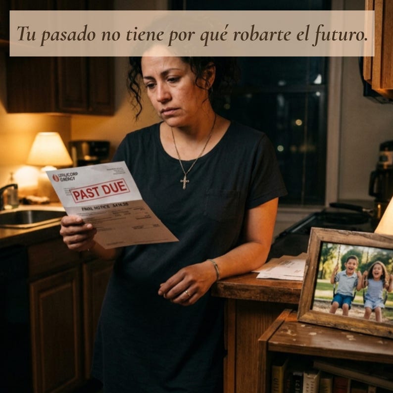 May include: A person wearing a dark gray t-shirt with a pocket and a cross necklace, holding a white paper document with the red text PAST DUE and the UtilityCorp Energy logo, with a framed photo of two children on a wooden surface nearby.
