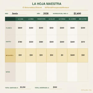 May include: A monthly budget tracking sheet titled LA HOJA MAESTRA with columns for categories like LA CASA, LA MESA, and TRANSPORTE. It displays planned expenses, actual spending, and remaining balances for June 2026 with a total income of $2,400.