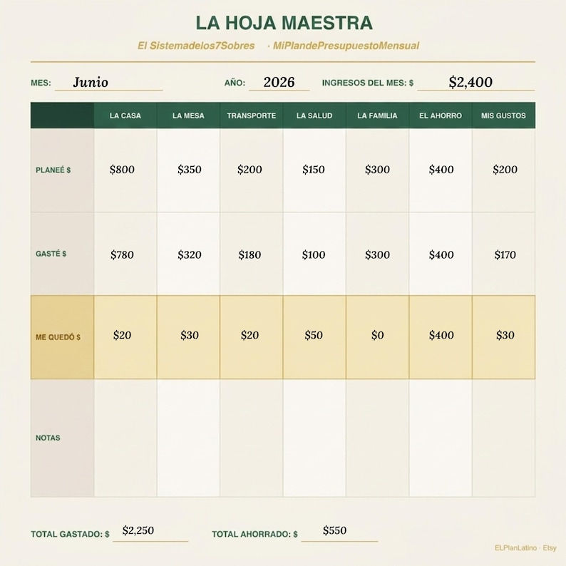 May include: A monthly budget tracking sheet titled LA HOJA MAESTRA with columns for categories like LA CASA, LA MESA, and TRANSPORTE. It displays planned expenses, actual spending, and remaining balances for June 2026 with a total income of $2,400.