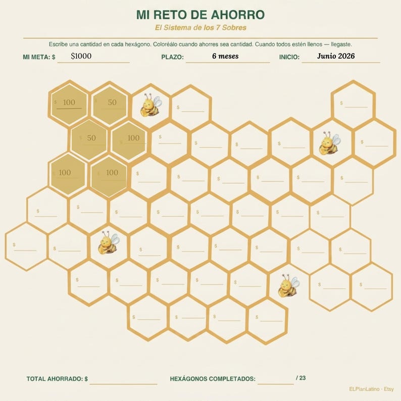 May include: A savings challenge tracker titled MI RETO DE AHORRO featuring a honeycomb grid of hexagons. The sheet includes fields for a $1000 goal, a 6-month timeline starting June 2026, and small bee illustrations. Some hexagons are filled with dollar amounts.