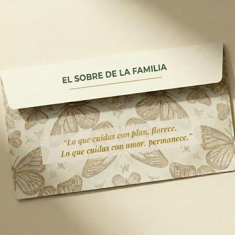 May include: A rectangular envelope featuring a repeating pattern of light brown butterflies on a cream background. The flap displays the text EL SOBRE DE LA FAMILIA, and the center includes the quote: Lo que cuidas con plan, florece. Lo que cuidas con amor, permanece.