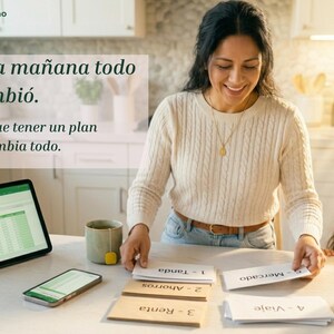 May include: A person wearing a cream-colored cable knit sweater organizes white envelopes labeled with Spanish text on a table. A tablet displaying a spreadsheet, a smartphone, and a mug are nearby. Text on the image reads: Esta ma&ntilde;ana todo cambi&oacute;. Porque tener un plan lo cambia todo.