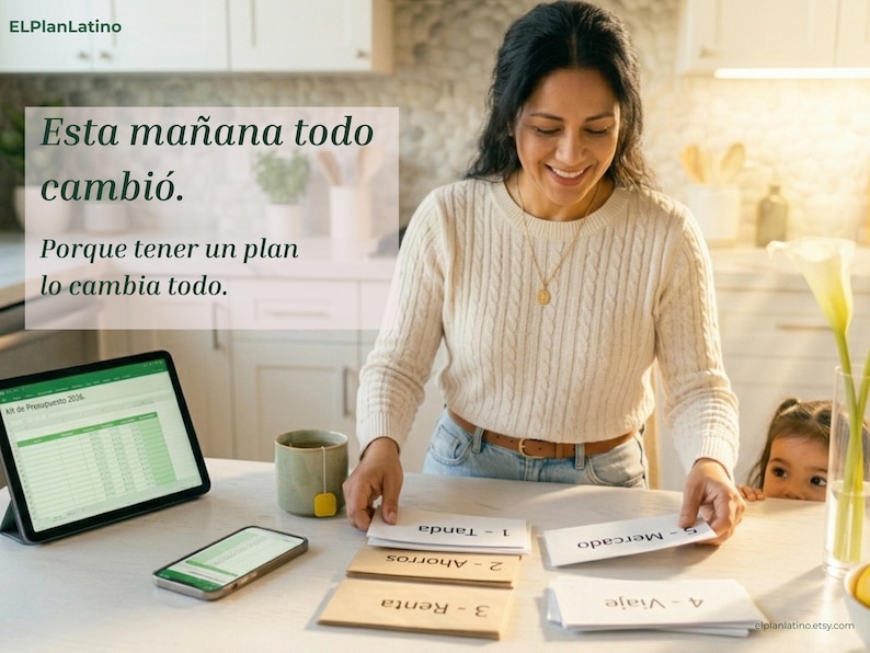 May include: A person wearing a cream-colored cable knit sweater organizes white envelopes labeled with Spanish text on a table. A tablet displaying a spreadsheet, a smartphone, and a mug are nearby. Text on the image reads: Esta ma&ntilde;ana todo cambi&oacute;. Porque tener un plan lo cambia todo.