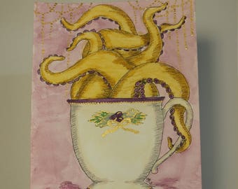 Original Watercolor - Tentacle Teacup with Metallic Accents
