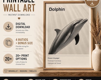 Stampa artistica da parete con delfini, decorazione minimalista a tema oceano e costa (download digitale)