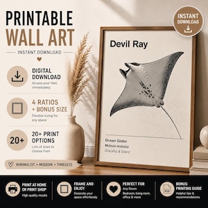 May include: Printable wall art featuring a Devil Ray illustration in a wooden frame. The image includes text about digital downloads, sizing options, and print choices. The design is minimalist, modern, and timeless.