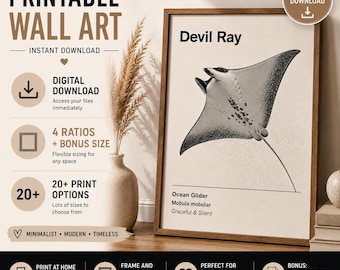 Stampa artistica da parete con razza del diavolo, poster minimalista con animali marini (download digitale)