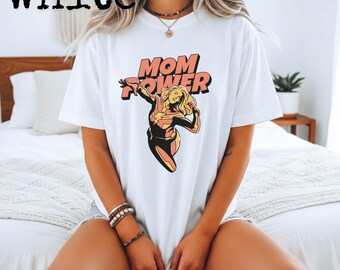 Maglietta con grafica retrò "Mom Power" e fumetto / Maglietta da supereroina per mamme