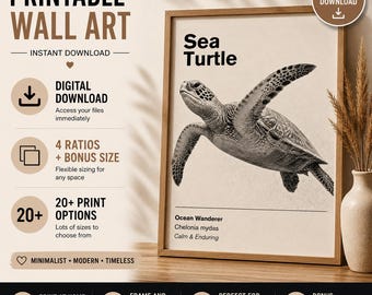 Stampa artistica da parete con tartaruga marina, decorazione minimalista a tema oceano e costa (download digitale)