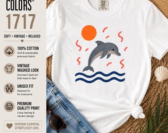 T-shirt Comfort Colors 1717 con grafica delfino, camicia costiera effetto vintage lavato