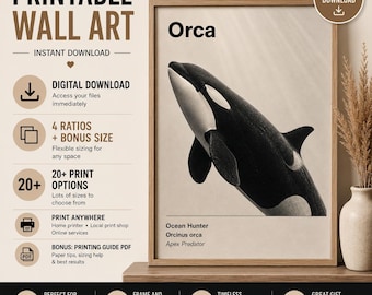 Stampa artistica murale con orca, poster di balena assassina, decorazione estetica oceanica, stampa costiera minimalista, arte murale con vita marina, arte beige neutra