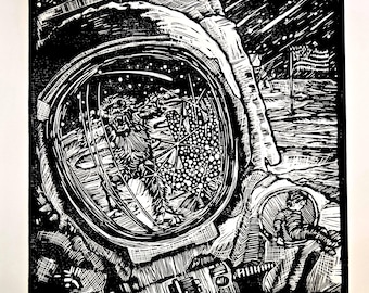 Neil y Mike - Grabado en linóleo