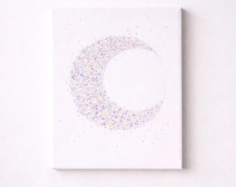 Pastel Crescent Moon Dot Painting, Textured Glitter Celestial Wall Art