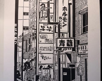 Original Linocut Block Print "Signs of Shinjuku", Hand-Pulled Signed Limited Edition of 5, Tokyo Japan Wall Art, Black and White Relief