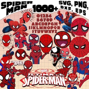May include: A collection of Spider-Man themed graphics, including various poses, masks, and character illustrations. The image features the text "SPIDER-MAN" and "ULTIMATE SPIDER-MAN" along with the Marvel logo. Also included are numbers, letters, and the text "SVG, PNG, DXF, EPS".