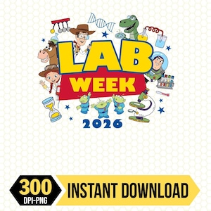 May include: A colorful graphic for "Lab Week 2026" featuring cartoon characters and science-themed illustrations. The design includes the text "LAB WEEK" in large yellow letters over a red banner, with various characters and science equipment.