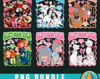 Paquete de imágenes PNG de Disneyland "La mejor mamá del mundo", paquete de imágenes prediseñadas de mamás con animales adorables, descarga digital para el Día de la Madre, imágenes PNG de la familia de dibujos animados de Disneyland, regalo para mamá.