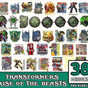 Puede incluir: Un paquete PNG con 38 diseños de Transformers. Los diseños presentan varios personajes y logotipos de la franquicia Transformers, con el texto "TRANSFORMERS RISE OF THE BEASTS". Los diseños son de varios colores y estilos.