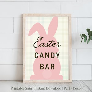 May include: A framed Easter-themed sign with a pink bunny silhouette and the words "Easter Candy Bar" in a decorative font. The background has a plaid pattern in soft green and cream colors. The sign is a printable design.