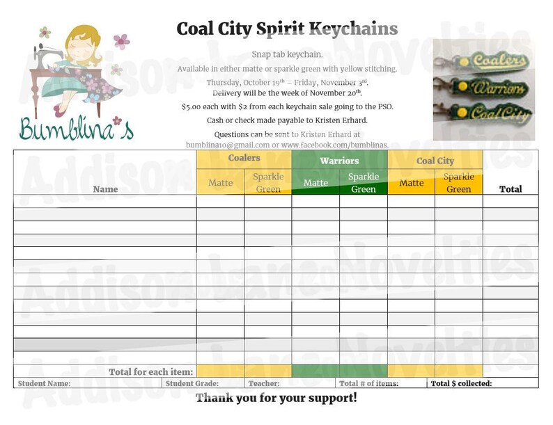 May include: A printable order form for Coal City Spirit Keychains. The form includes a list of different keychain designs, including Coolers, Warriors, and Coal City. The form also includes options for matte or sparkle green keychains. The form is designed to be used for a school fundraiser.