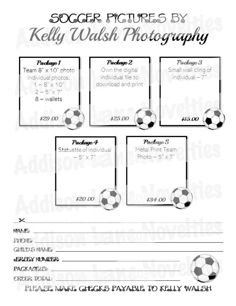 May include: A black and white price list for soccer photography packages. The packages include a team photo, individual photos, a digital file, a wall cling, a statuette, and a metal print. The prices range from $15.00 to $34.00.