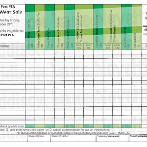 May include: A printable order form for a school spirit wear sale. The form lists different clothing items with prices and sizes. The form includes a section for the customer's name, total number of items, and total cost.