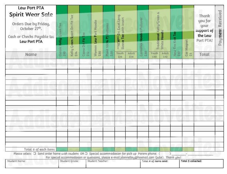 May include: A printable order form for a school spirit wear sale. The form lists different clothing items with prices and sizes. The form includes a section for the customer's name, total number of items, and total cost.
