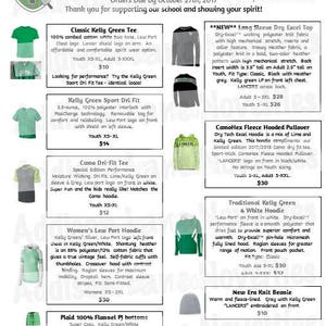 May include: A flyer advertising school spirit wear for sale. The flyer features a variety of clothing items, including t-shirts, hoodies, and beanies, all in green and white with the school logo. The flyer also includes a car magnet and flannel pajamas.