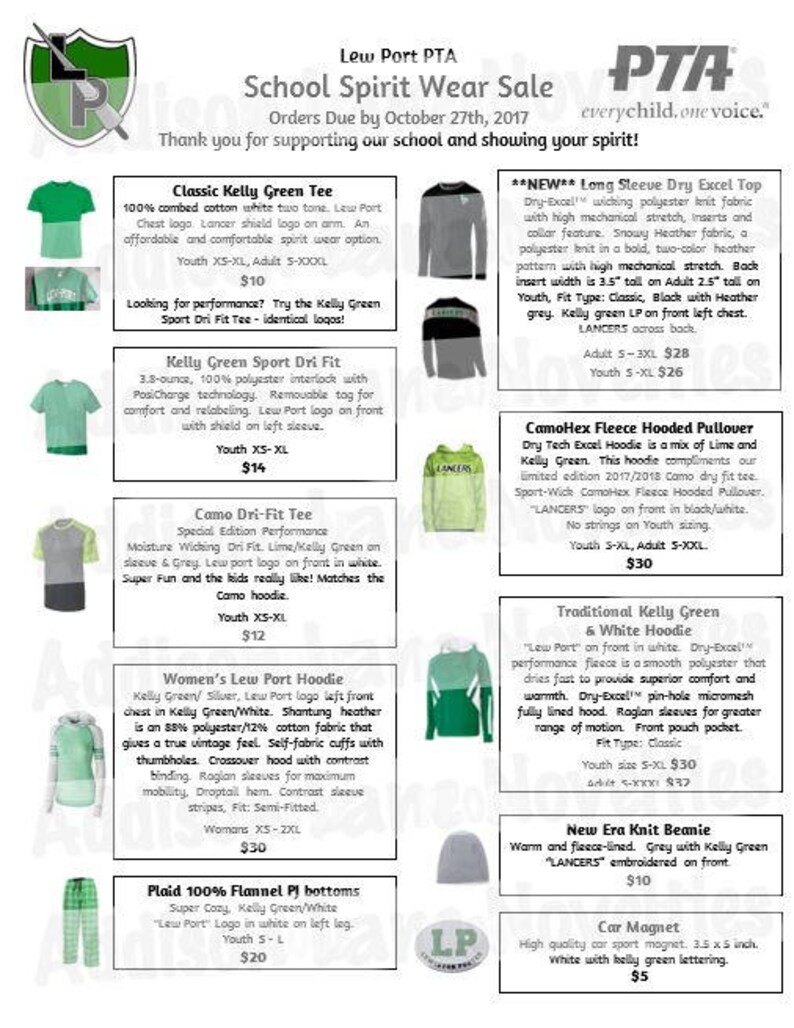 May include: A flyer advertising school spirit wear for sale. The flyer features a variety of clothing items, including t-shirts, hoodies, and beanies, all in green and white with the school logo. The flyer also includes a car magnet and flannel pajamas.