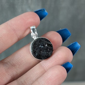 Black Tourmaline Raw Front Round Sterling Silver Pendant P5