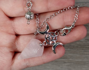 Rose Quartz Pendulum Tipple Moon, Crescent, Pentagram Bracelet