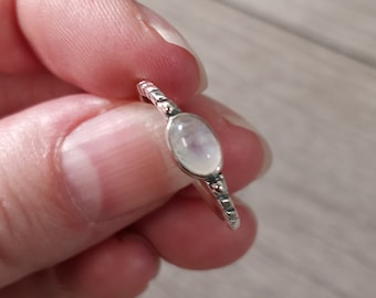 Rainbow Moonstone Ring Sterling Silver Stackable Oval Minimalist