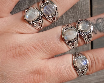 Rainbow Moonstone Sterling Silver Boho Statement Ring