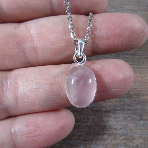 Rose Quartz Sterling Silver Pendant with Stainless Steel Chain P81