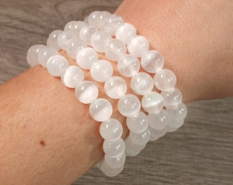 Selenite Bracelet 8 mm Round Beaded Stretchy String Jewelry