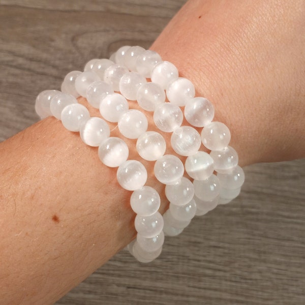 Selenite Bracelet 8 mm Round Beaded Stretchy String Jewelry